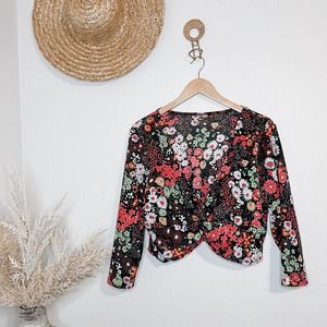 Y2K Inspired Neon Floral Black Tie Front Crop Top Micro Cardigan Size Medium